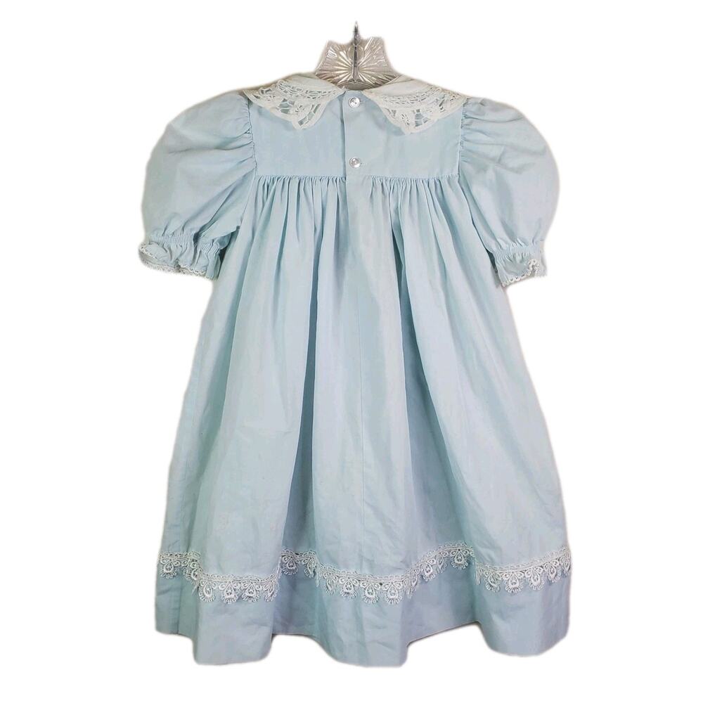 Peaches N Cream Vtg Blue Girls Dress White Collar Eyelet Trim Sz 4T Bib Cottage - Picture 6 of 11
